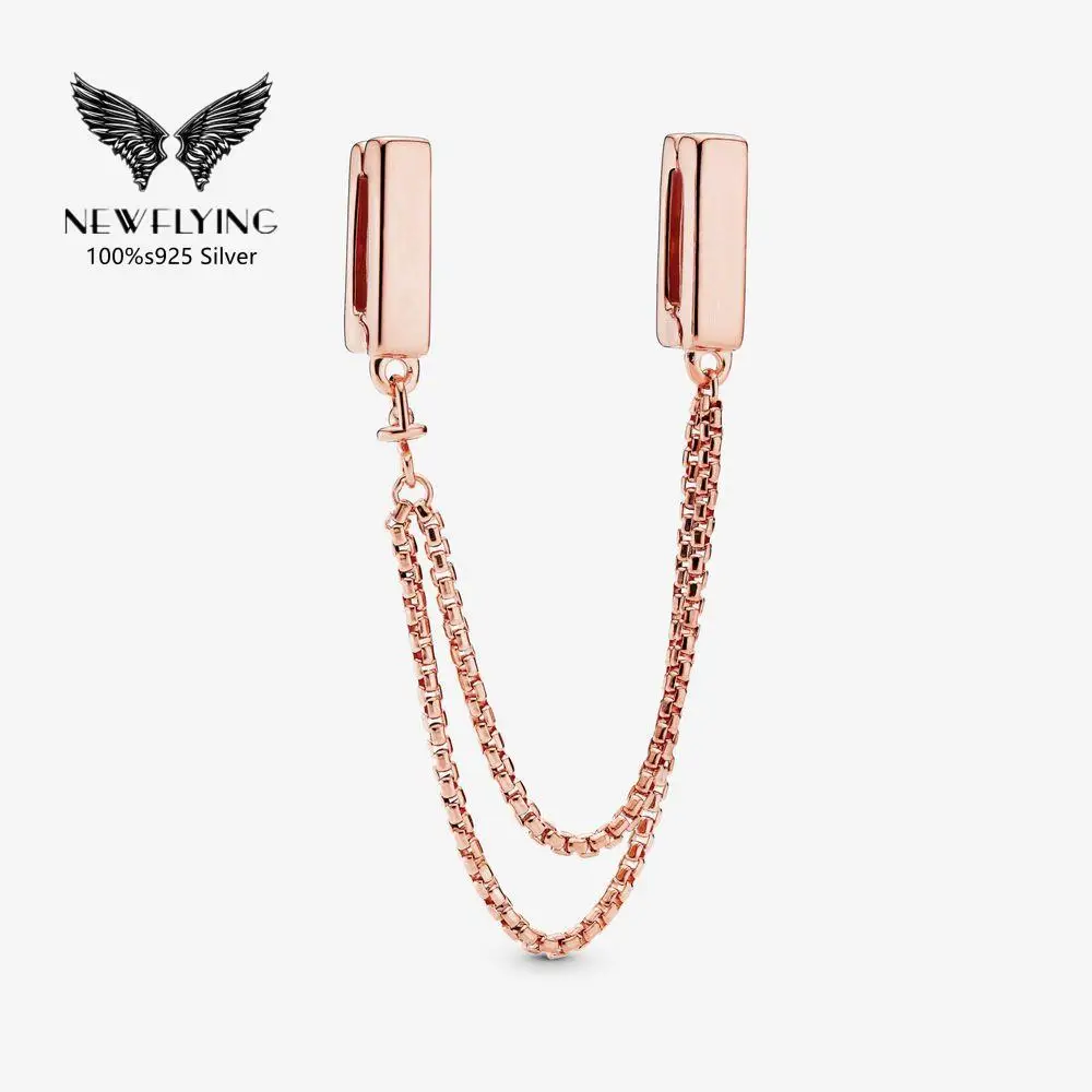 

925 Sterling Silver Sparkling Zircon Clip Charm Logo Reflexions Safety Chain Fit Flat Mesh Pando Bracelet