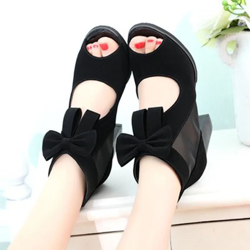 

Spring, Summer And Autumn New Fish Mouth Bow Hollow Thick Heel Zipper High Heel Women's Shoes Fashion Mesh Women's Sandals