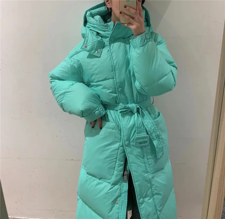 Fashion White Duck Thick Down Coat Winter Women Casual Hooded Solid Loose Female Long Jacket Tops Lady Belt Parka