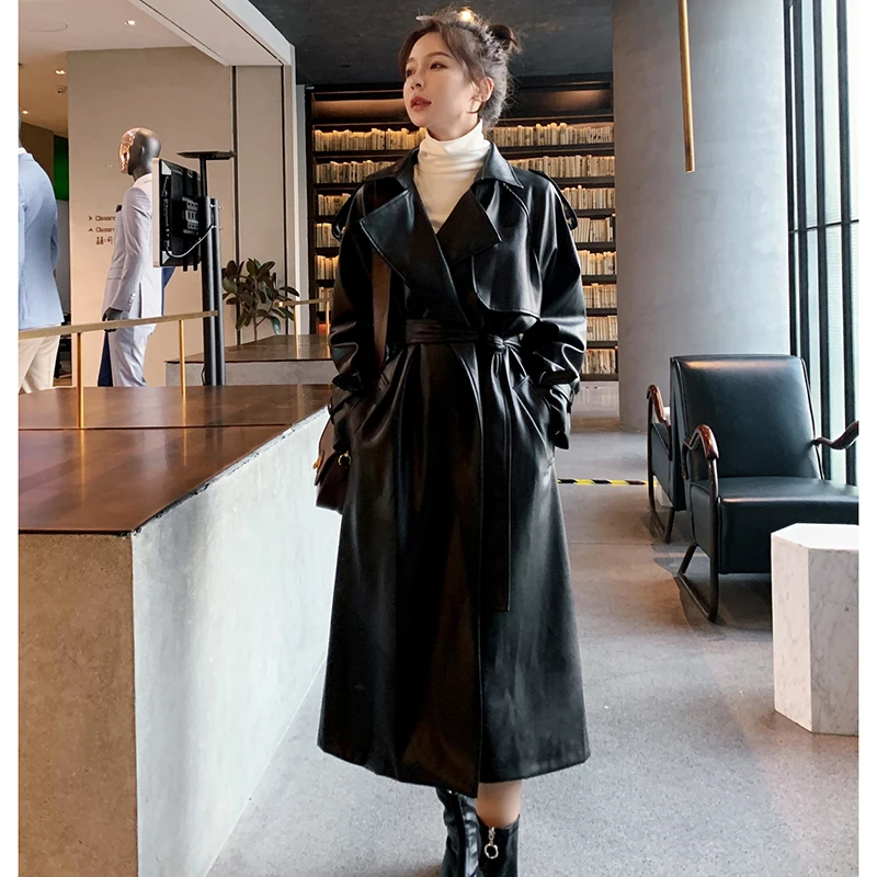 High-End Long Leather Trench Coat For Women Long Sleeve Lapel Loose Fit Fall Stylish Black Female Clothing Streetwear Outerwear enlarge