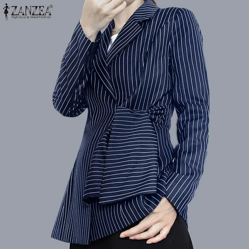 

Fashion Casual OL Women's Asymmetrical Blazer 2021 Spring Autumn Striped Long Sleeve Coats ZANZEA Oversized Bandage Outwears