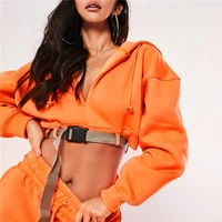 2022 winter streetwear long sleeve y2k top hooded hoodies women fashion buckle cropped pullovers tops neon orange thick hoodies