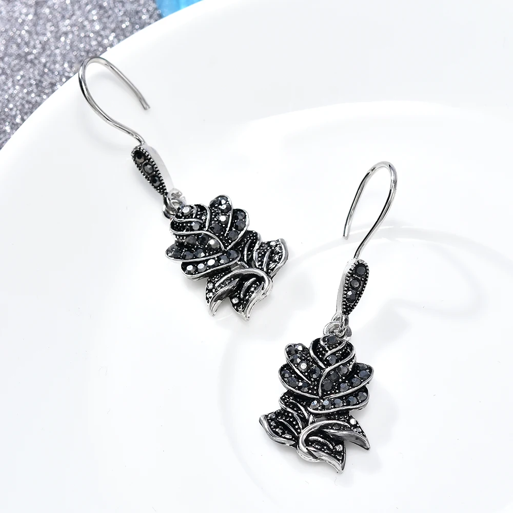 

Vintage Earrings Women Black Rose Flower Dangle Drop Ear Hook Wedding Party Earring costume jewelry aretes de mujer modernos