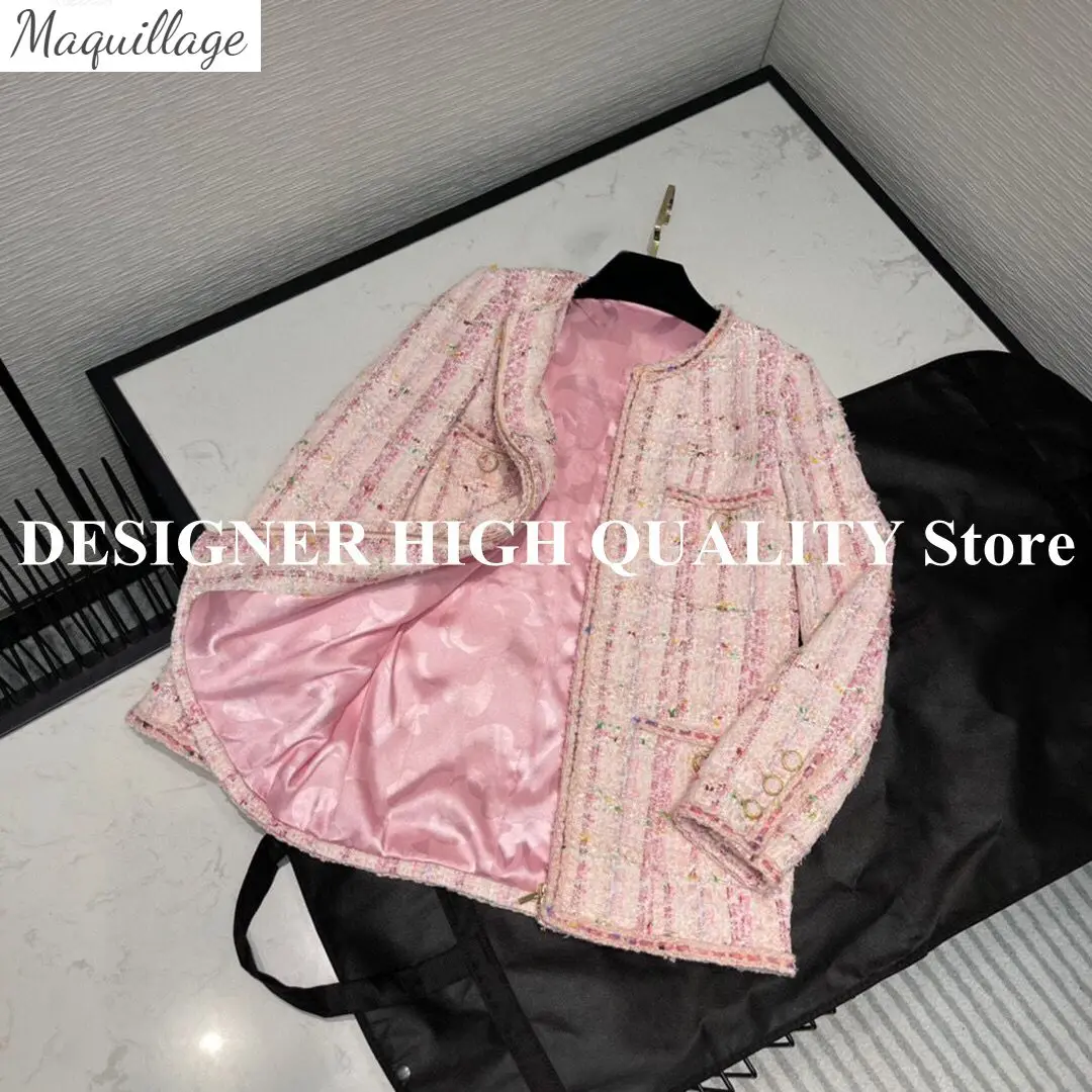 

2021 New Spring Most Popular Pink Plaid Tweed Jacket O-neck Pockets Zipper Fly Runway Designer Retro Coat Sweet Classic Outwear