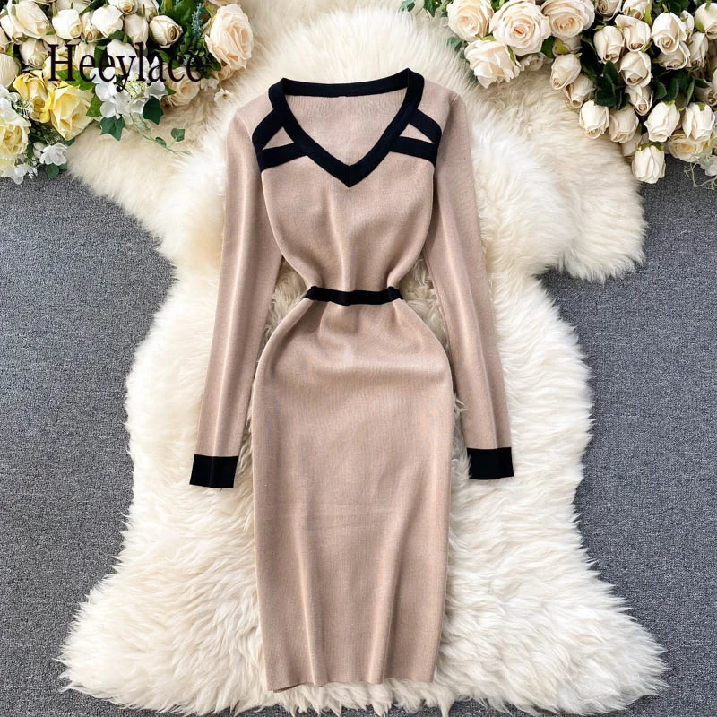 

Autumn Winter Knitted Dress Women Long Sleeve Color Patchwork Elegant Office Dress Slim Stretchy Casual Ladies Dresses