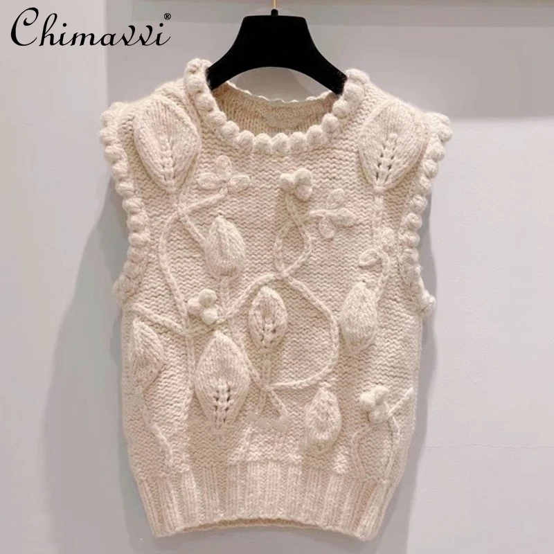 

Осень 2021, женская одежда, модный плотный жаккардовый жилет с меховыми помпонами и листьями, вязаный жилет без рукавов, приталенный Элегантн...