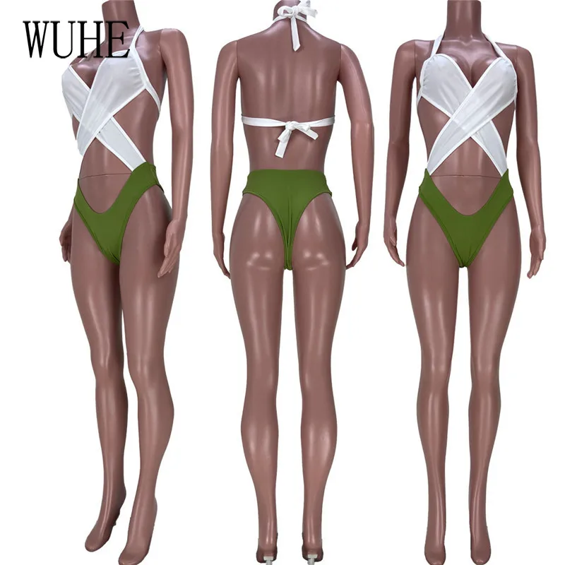 

YEYA Beach Holiday Bodysuits Patchwork Color Contrast Halter Off Shoulder Open Back Sleeveless Skinny Party Casual Swimsuits