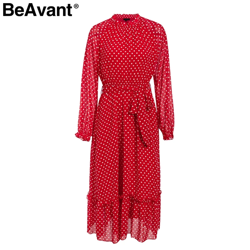 BeAvant, красное платье в горошек, Осень-зима, женское, элегантное, с рукавом-фонариком, длинное, для вечеринок, с рюшами, с круглым вырезом, черное, для девушек, vestidos