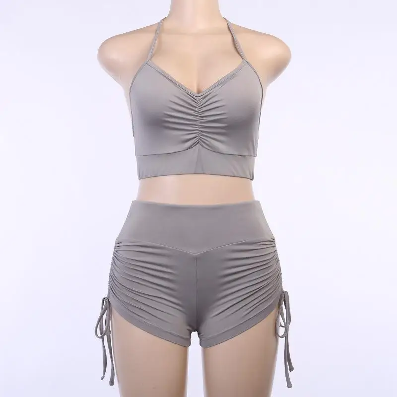 

ZITY Sexy Casual Two Piece Set Womens Clothing Summer Fitness Tracksuit Drawstring Ruched Crop Top And Shorts