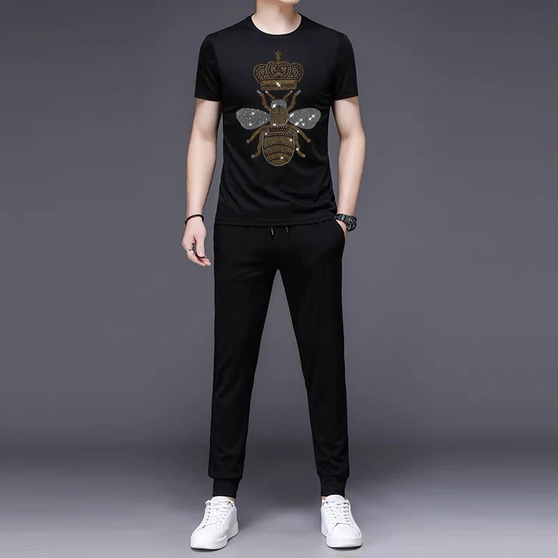 

Arrival 3D Diamond Design Men's Round Neck Cotton Short-Sleeved Shirt + Slim Trousers Two-Piece Summer New Chic