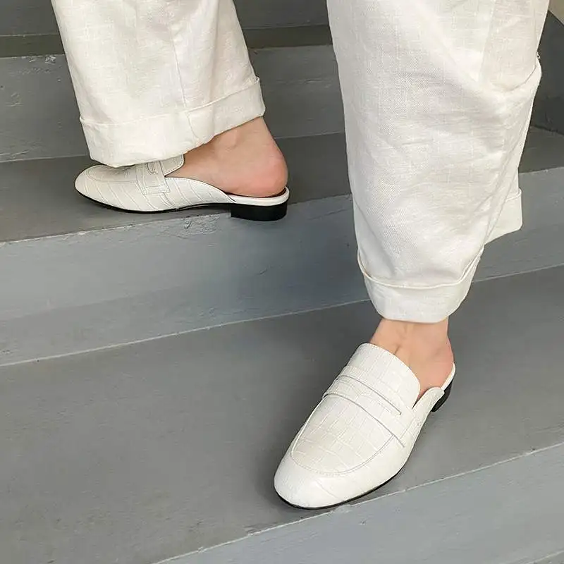 

lenkisen chic full grain leather round toe basic clothing outside slipper slip on summer cozy gorgeous big size women shoes L61