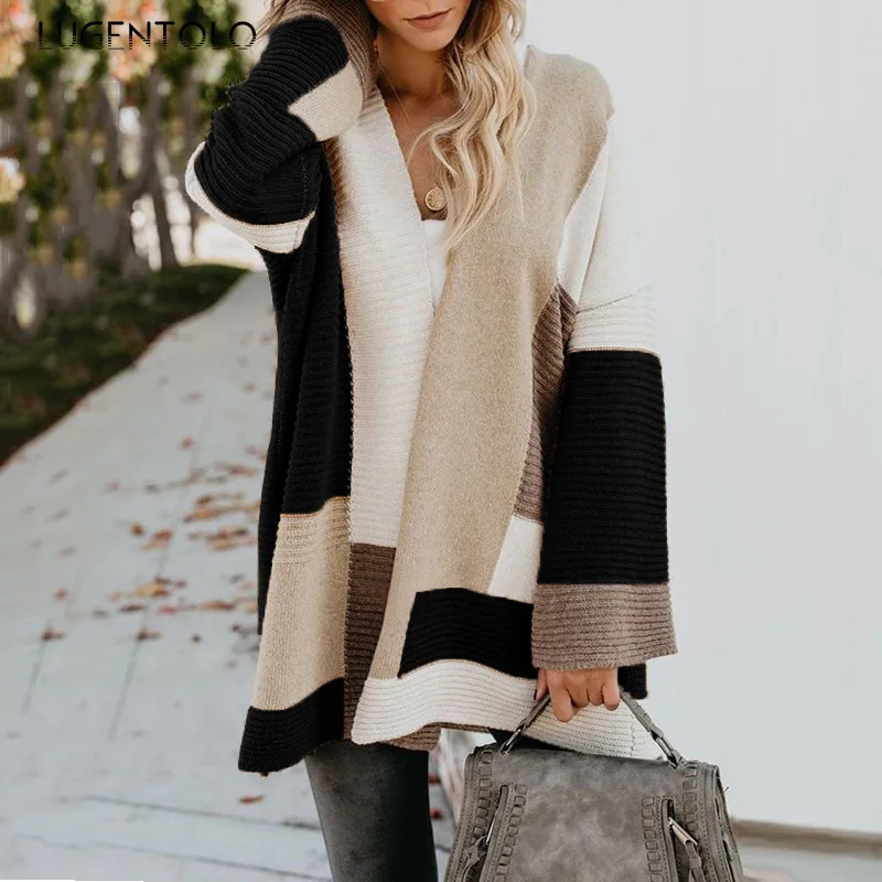 

Lugentolo Women Sweater Cardigan Plus Size Loose New Autumn Winter Geometric Mixing Color Female Casual Elegant Sweater