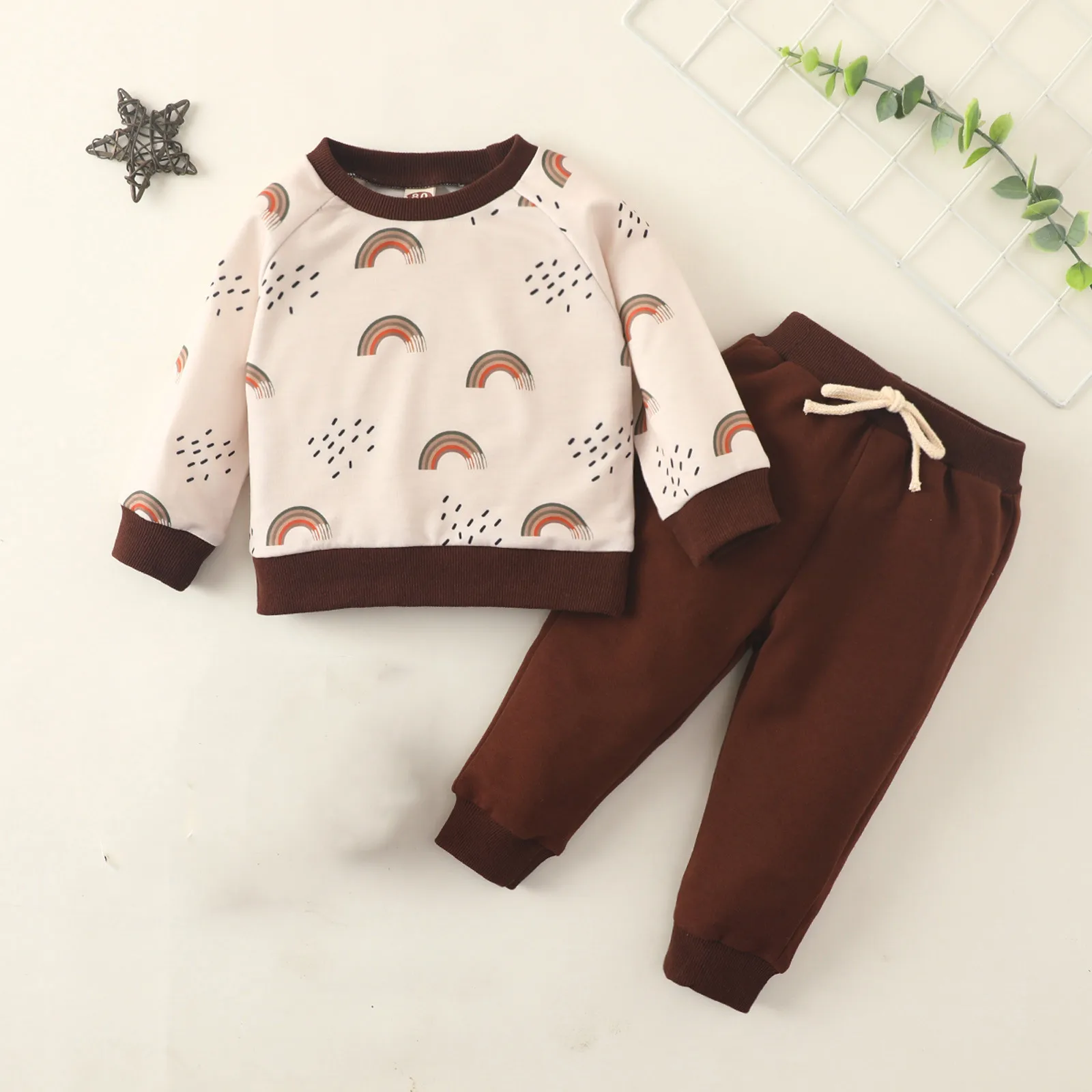 

Комплект одежды для новорожденных, осенне-зимний пуловер с длинным рукавом для мальчиков и девочек, радужные топы и брюки, комплекты одежды ...