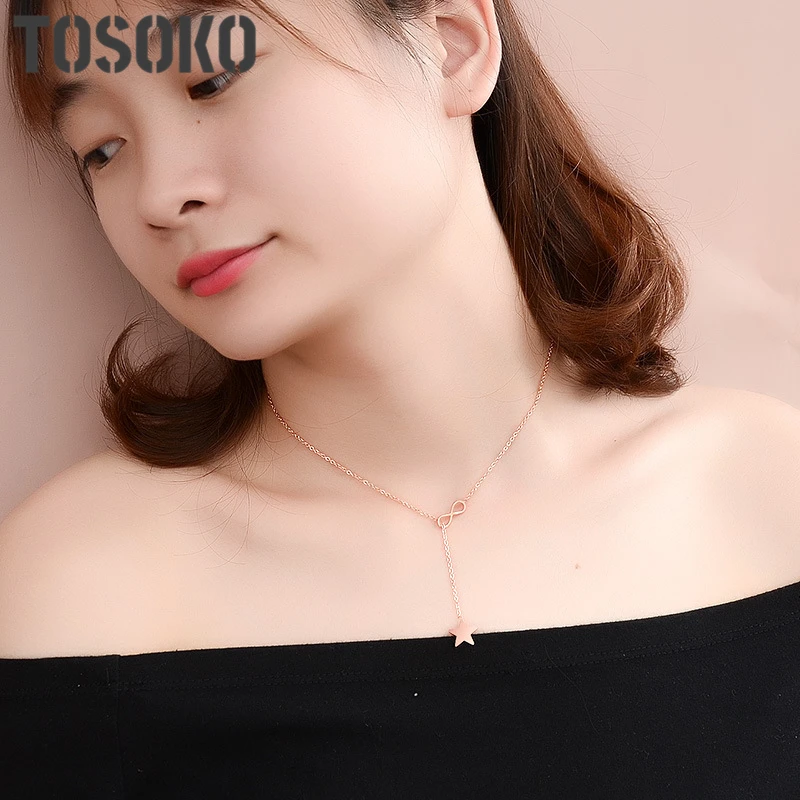 

TOSOKO Lucky 8 & Star Sweater Chain Titanium Steel Necklace For Women Stainless Steel Jewelry BSP299