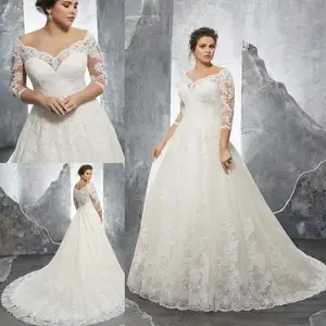Plus Size Wedding Dress A-line Off Shoulder Half Sleeve Long Ivory Vestido De Novia Elegant Lace App in USA (United States)