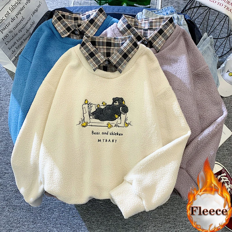 

winter warm plus velvet Sweatshirt Long Sleeve casual Cartoon embroidery Sweatshirts Patchwork fleece thicken Fake two hoodies