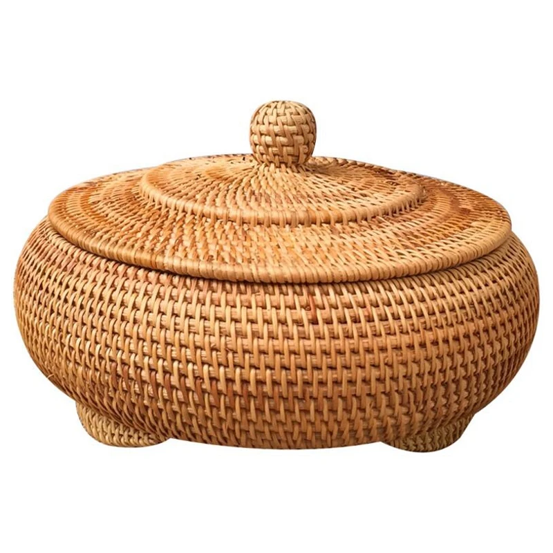 New Storage Basket Hand-Woven Rattan Woven with Cover Round Primary Color Chinese Jewelry Snacks Tea Set Box | Дом и сад