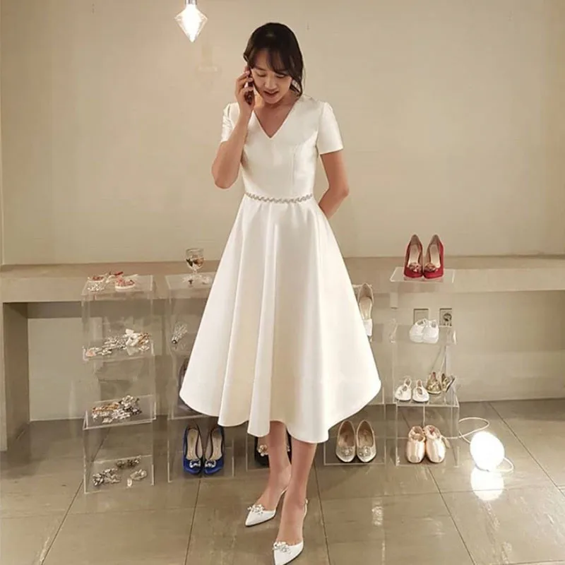 Женское свадебное платье до середины икры простое короткое невесты с коротким