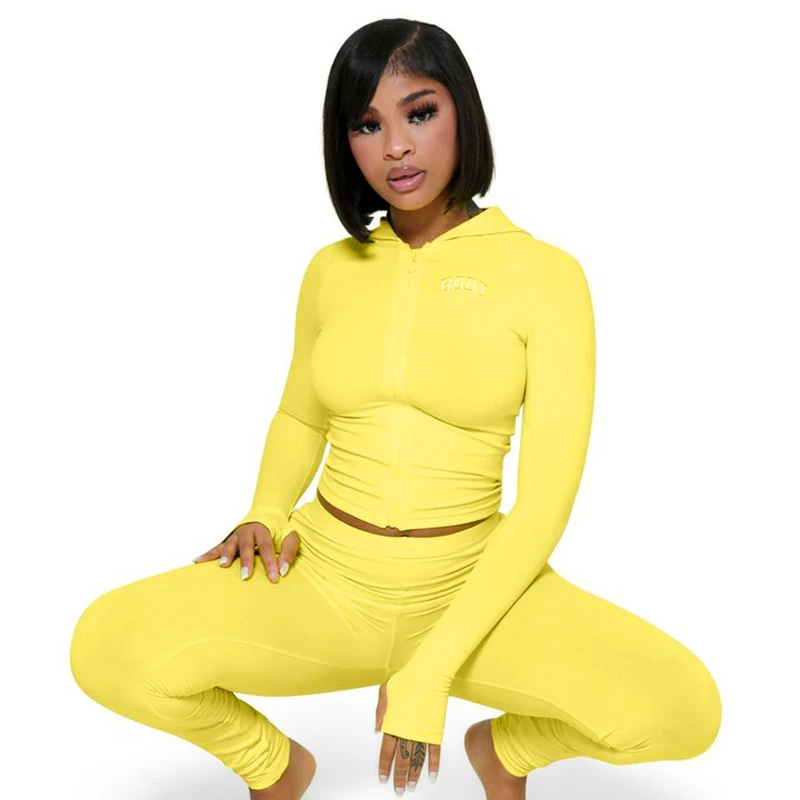 

2021 fall new style solid short hooded top sexy Leggings set