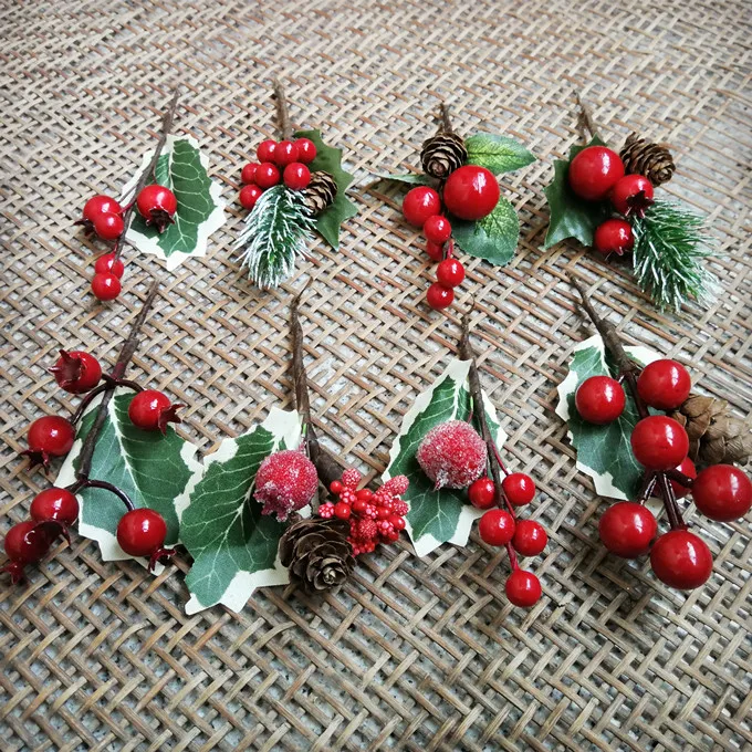 5pcs Artificial Flower Fake Plastic Berry Holly Branches Cherry Wedding Christmas DIY Handmade Table plate Decor Present Packing - купить по