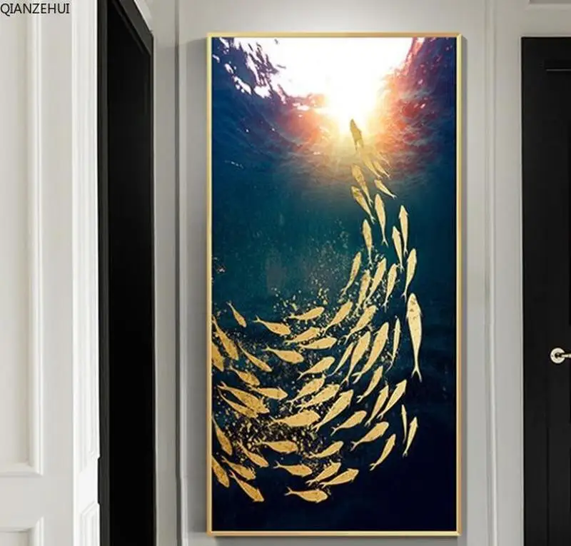 QIANZEHUI алмазная вышивка круглые алмазы вертикальная рыба школа полная стразы