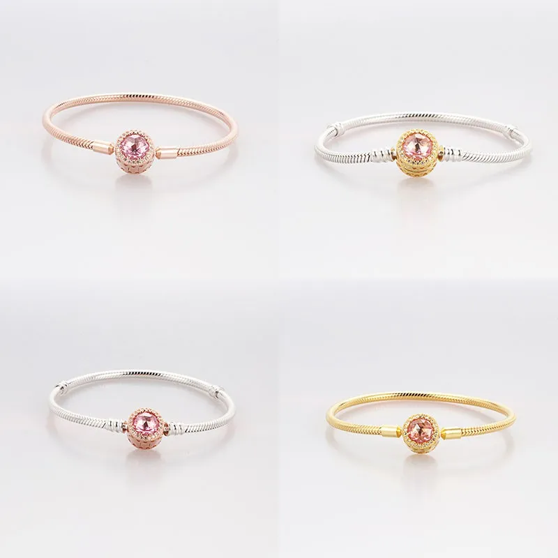 

925 Sterling Silver Pan Bracelet Bright Four Color Cat's Eye Button Bracelet Fit European Charm Bracelets Women Jewelry
