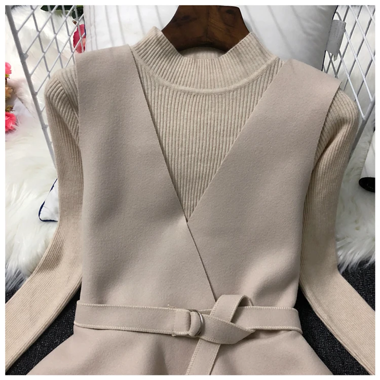 ALPHALMODA осень НОВАЯ Трикотажная нижняя рубашка+ жилет модный костюм из двух частей женский жилет с v-образным вырезом и поясом+ свитер с длинными рукавами
