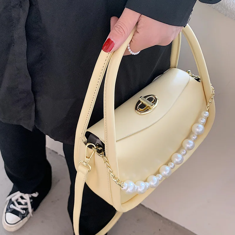 

Solid color Small Totes With Pearl Handle 2021 New PU Leather Women's Designer Handbag Luxury brand Shoulder Messenger Bag
