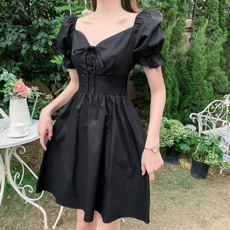 

girl's plus size v neck amazing little black dress 2020 summer women's fashion large size hubble-bubble sleeve lace splice dress
