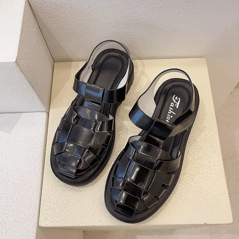 

2021 New Rome Sandals Women Flat Shoes Round Toe PU Leather Holiday Beach Shoes Woman Comfort Thick Sole Sandalias Mujer