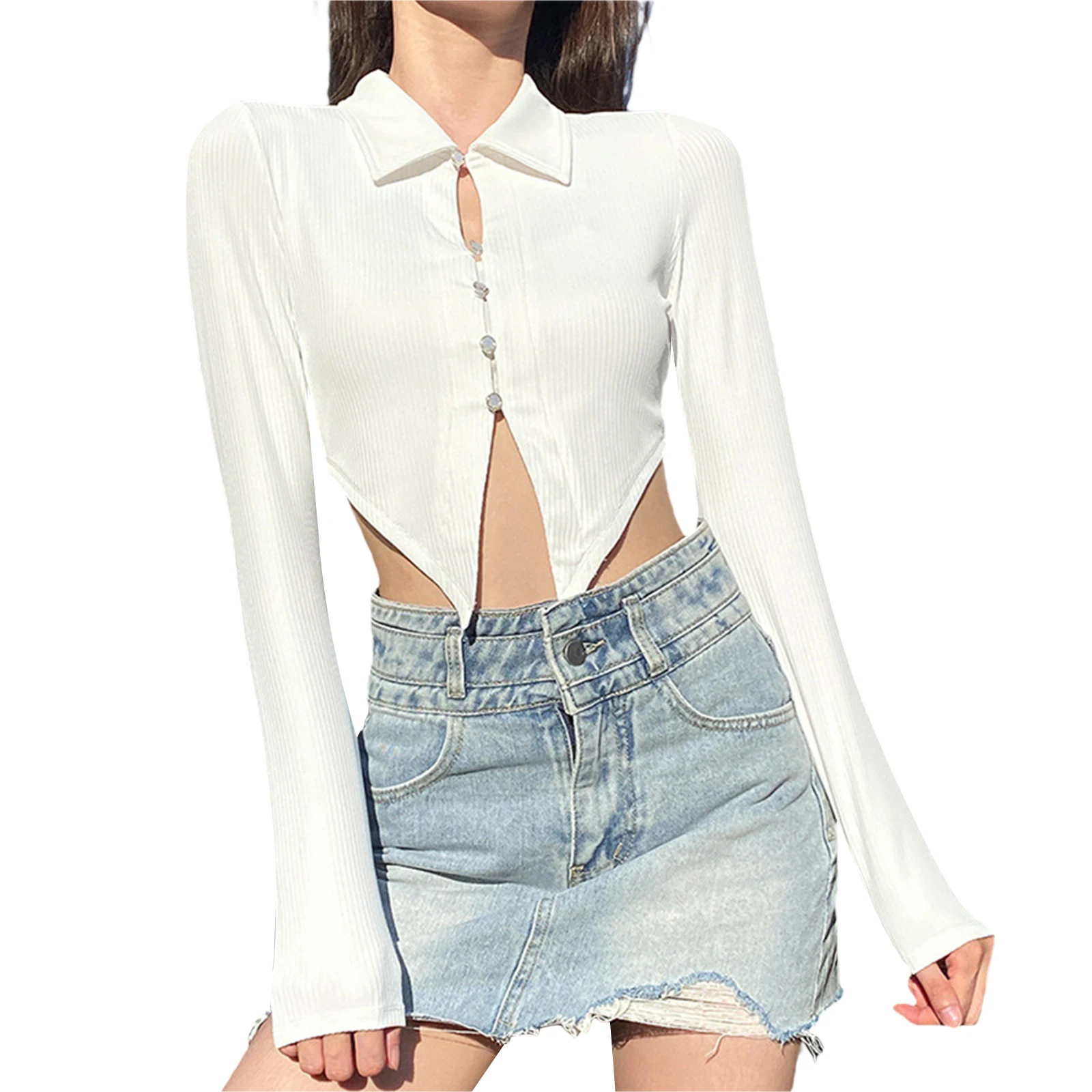 

Hirigin 2021 Autumn Women Casual Solid Color Crop Tops Long Sleeve Irregular Hem Button Down Shirts and Camisole Streetwear