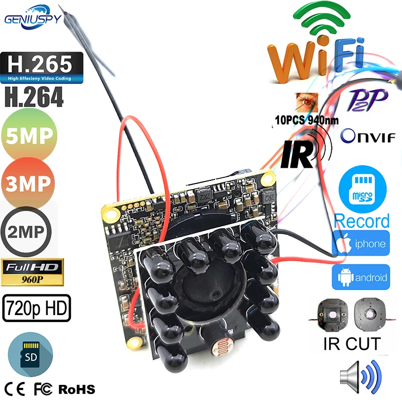 Беспроводная IP камера видеонаблюдения Camhi с поддержкой Wi Fi H.265 H.264 стандартная SD