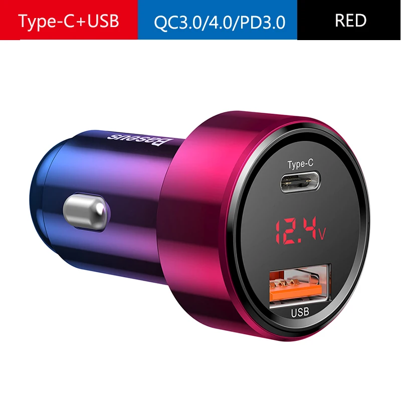 RED Type c USB Baseus автомобильное зарядное устройство с двумя Usb QC 3,0 4,0 Быстрая зарядка 6A зарядное устройство для мобильного телефона Зарядка для автомобиля PD 3,0 прикуриватель - Тип штекера: RED Type c USB