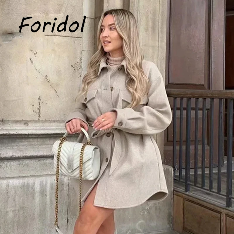 

Foridol Woolen Knitted Single Breasted Coat Women Elegant Sash Winter Women Clothes Pockets Side Slit Coat Winter Jacket Coats