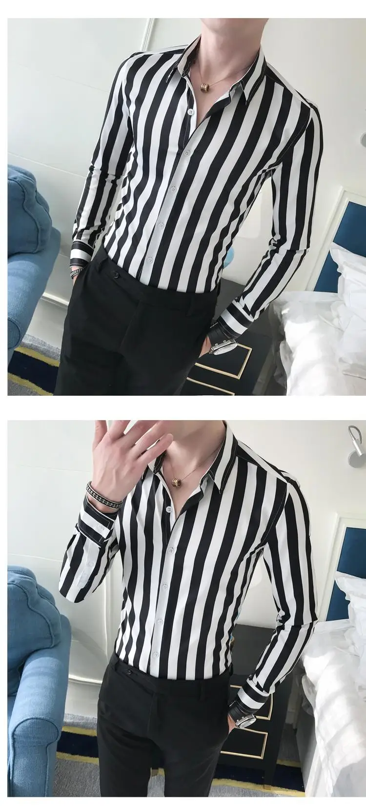 

Long sleeve Shirt Men clothing Casual Fashion Stripes Shirt for Men Dress Blouse Male Slim fit Black Coffee