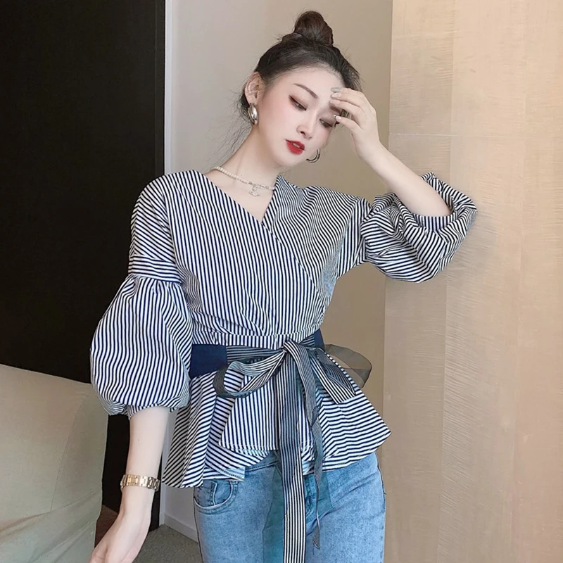 

Striped Print Spring Blouse Women with Bow Belt V-Neck Lantern Sleeve Vintage Shirts Tops Ruffles Loose Streetwear Korean C719