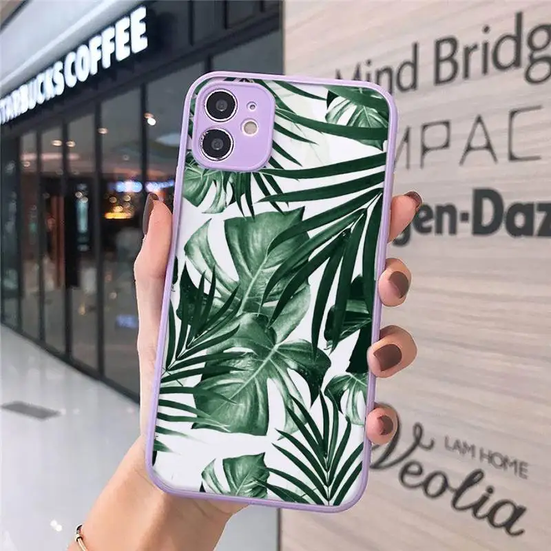 

green leaf Phone Cases Matte transparent For Purple iPhone 12 Mini 11 Pro XR XS Max 7 8 Plus X Back Cover