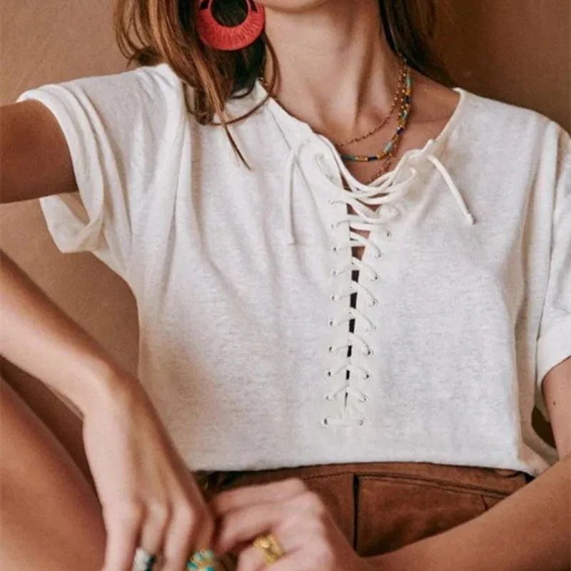 

Women T-shirt Cotton Cross Lace-up Solid Color Short Sleeve 2021 Summer Casual Top