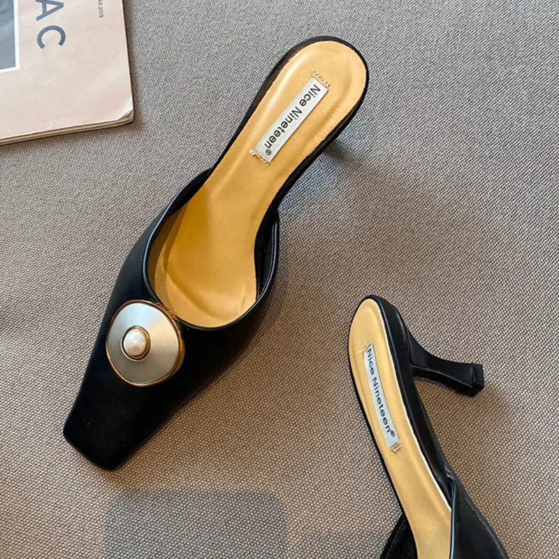 

2021 Women Slipper Square Toe Slip On Mules Shoes For Luxury Brand Buckle Female Outsides Slides Elegant Ladies Shoes Sandal