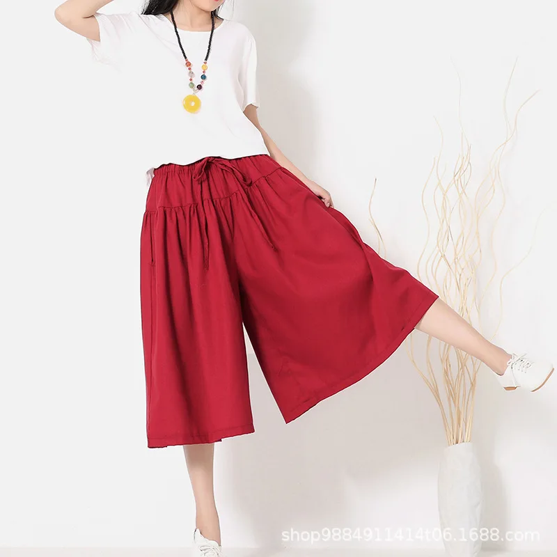

Solid Women Wide Leg Pants Elastic High Waist Loose Pants Women Plus Size Soft Harajuku Trousers Linen Calf-Length Streetwear
