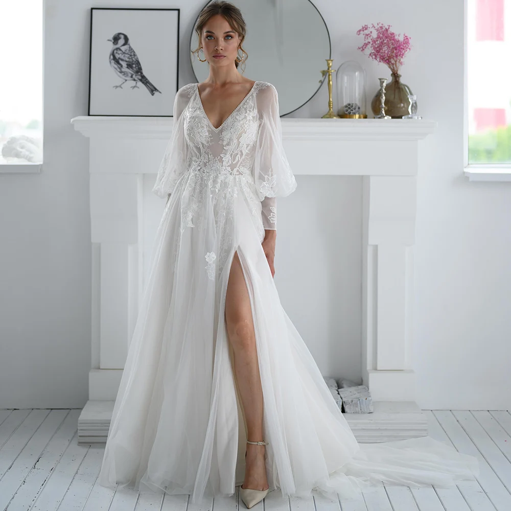 

Sexy Bohemian Wedding Dress 2021 Lantern Long Sleeve V-Neck Vestidos De Novia A-Line Illusion Lace Appliques Side Slit Customiz
