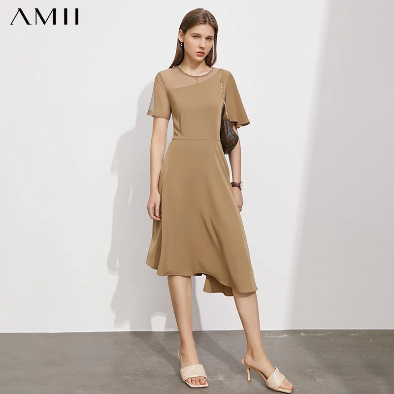 

Amii Minimalism Summer New Women's Dress Offical Lady Solid Oneck Patchwork Aline Irregular Calf-length Dress For Women 12170384