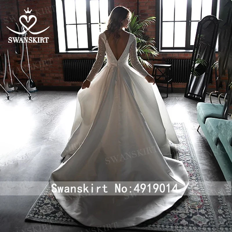 Stunning Satin Wedding Dress SwanSarah HZ32 Simple V-neck Long Sleeve A-Line Princess Bride Gown Customized Vestido De Novia | Свадьбы и