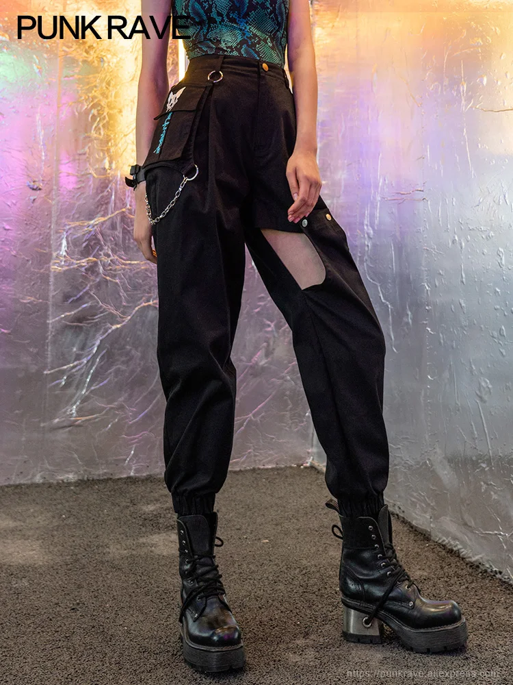 PUNK RAVE Girl's Punk Black Overalls Summer Hollowed-out Sexy Cargo Pants Women Trendiness Slacks Casual Trousers Streetwear