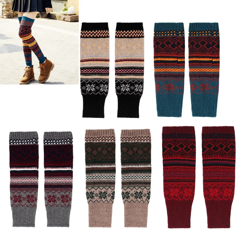 

Женские зимние очень длинные гетры Boho, разноцветные геометрические узорные манжеты, жаккардовые вязаные крючком носки до бедра