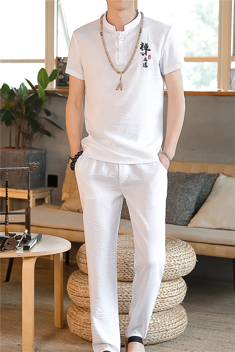 

(Shirt + trousers) 2021 summer men shirt Man chinesestyle linen shirts short sleeves men's retro casual shirts men size M to 5XL