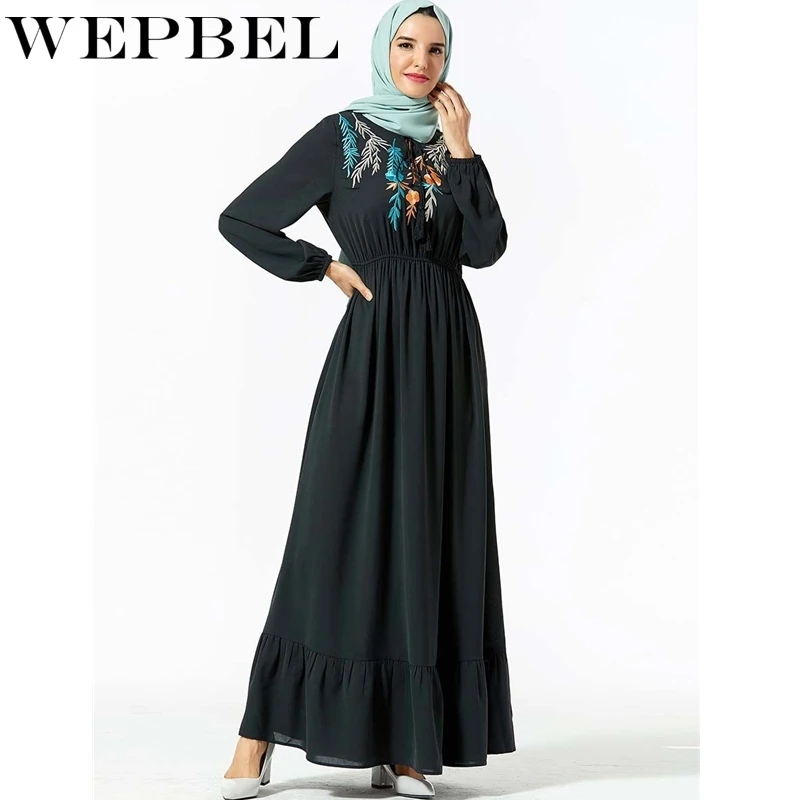 WEPBEL модные Duabi однотонные Цвет Slim Fit абайя с вышивкой и длинными рукавами
