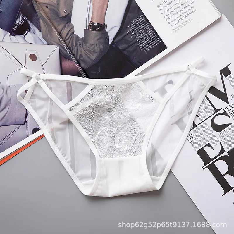 

Women Underpants Low Waist Underwear Lace Sexy Breathable Ice Striped Thong Pure Cotton
