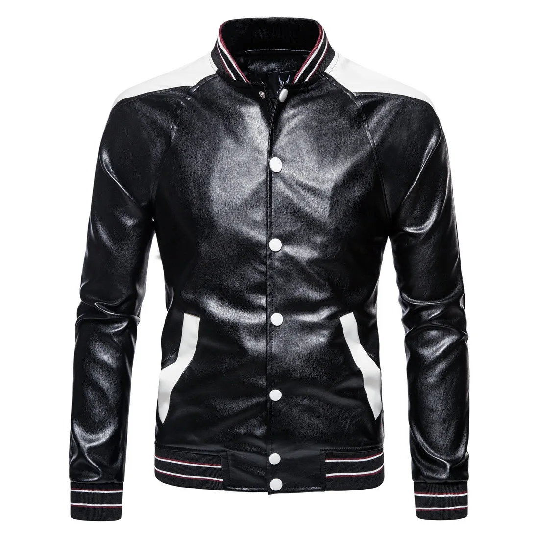

2021 Men's New Stand Collar Color Matching Motorcycle Leather Clothing Fashion Stand Collar Single-Breasted PU Leather Jacket