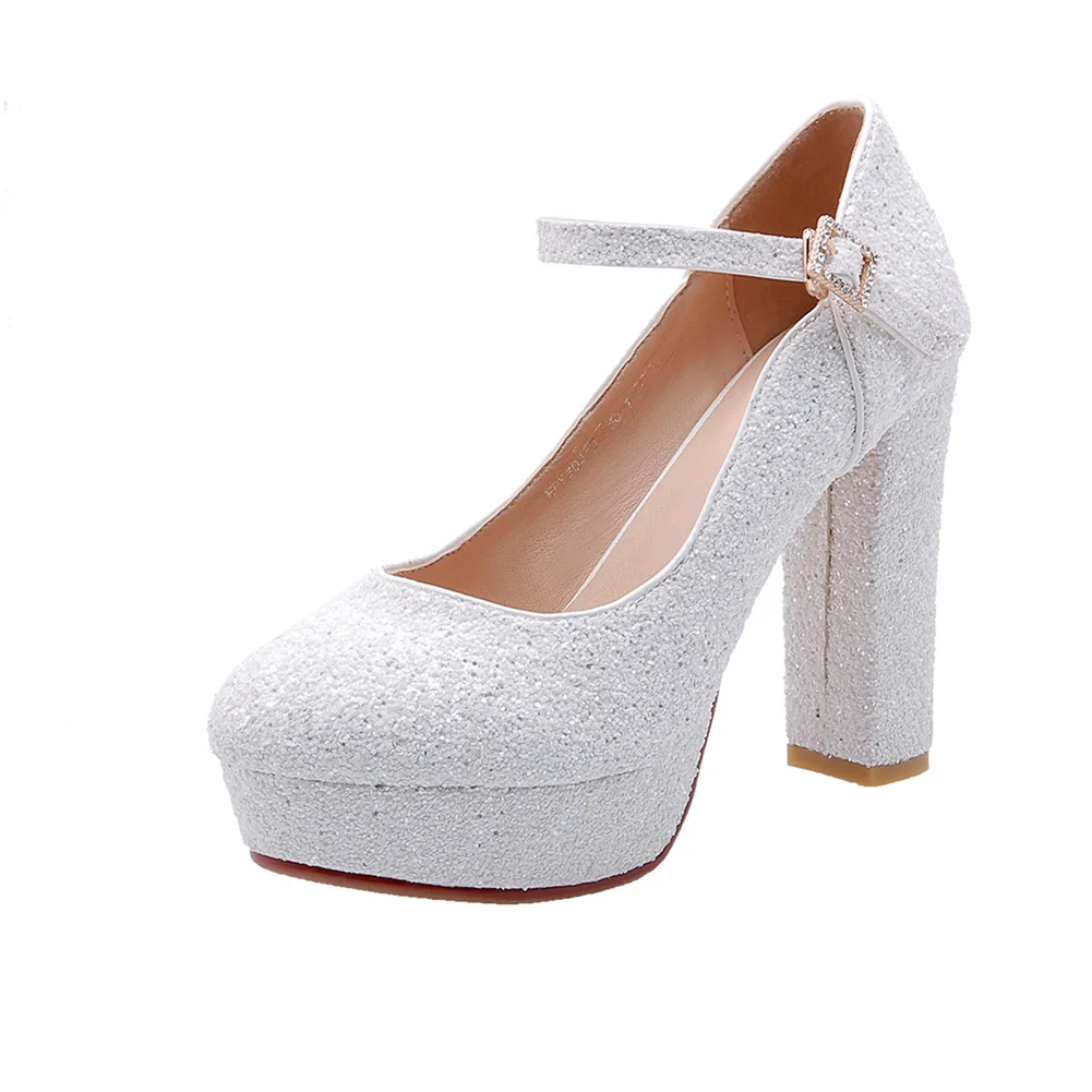 

Summer Popular Silver Bling Pumps Ladies Buckle Strap Platform High Heels Fashion Elegant Casual 2021 Office Lady Shoes Woman